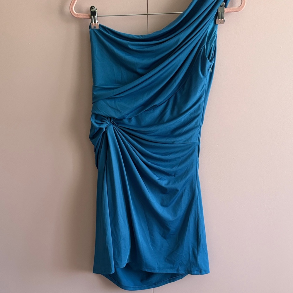 Aqua blue One-Shoulder Ruched Womens Dress